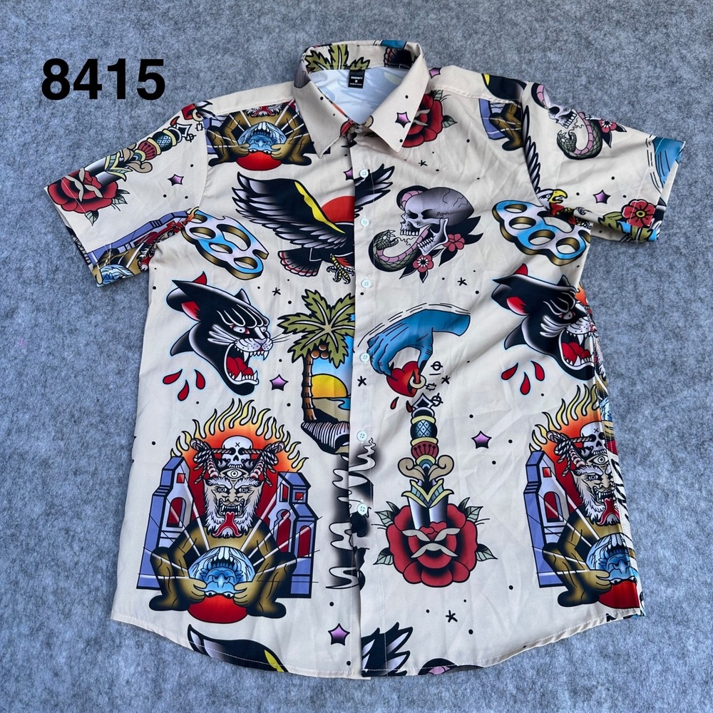 Manfinity Mens Tattoo Flash Print Short Sleeve Button Down Shirt Tan Size M